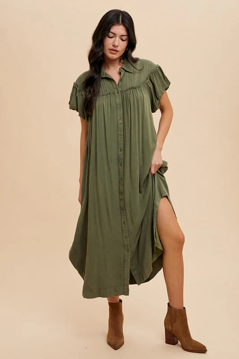 Annie Wear Mineral Washed Button down Puff Sleeve Shirt Dress