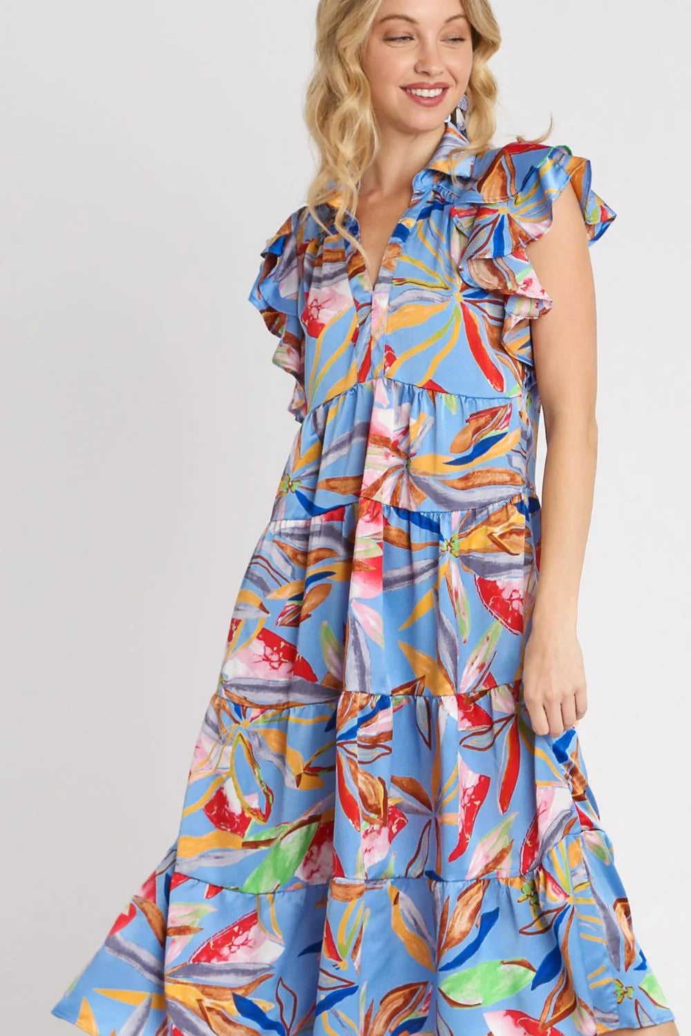 Umgee Full Size Leaf Print Double Layered Ruffle Sleeve Tiered Midi Dress plus Size